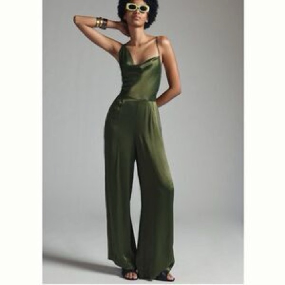 Anthropologie Wide Leg Jumpsuit Sz 2 Cowl Satin One Shoulder NEW Green Holiday